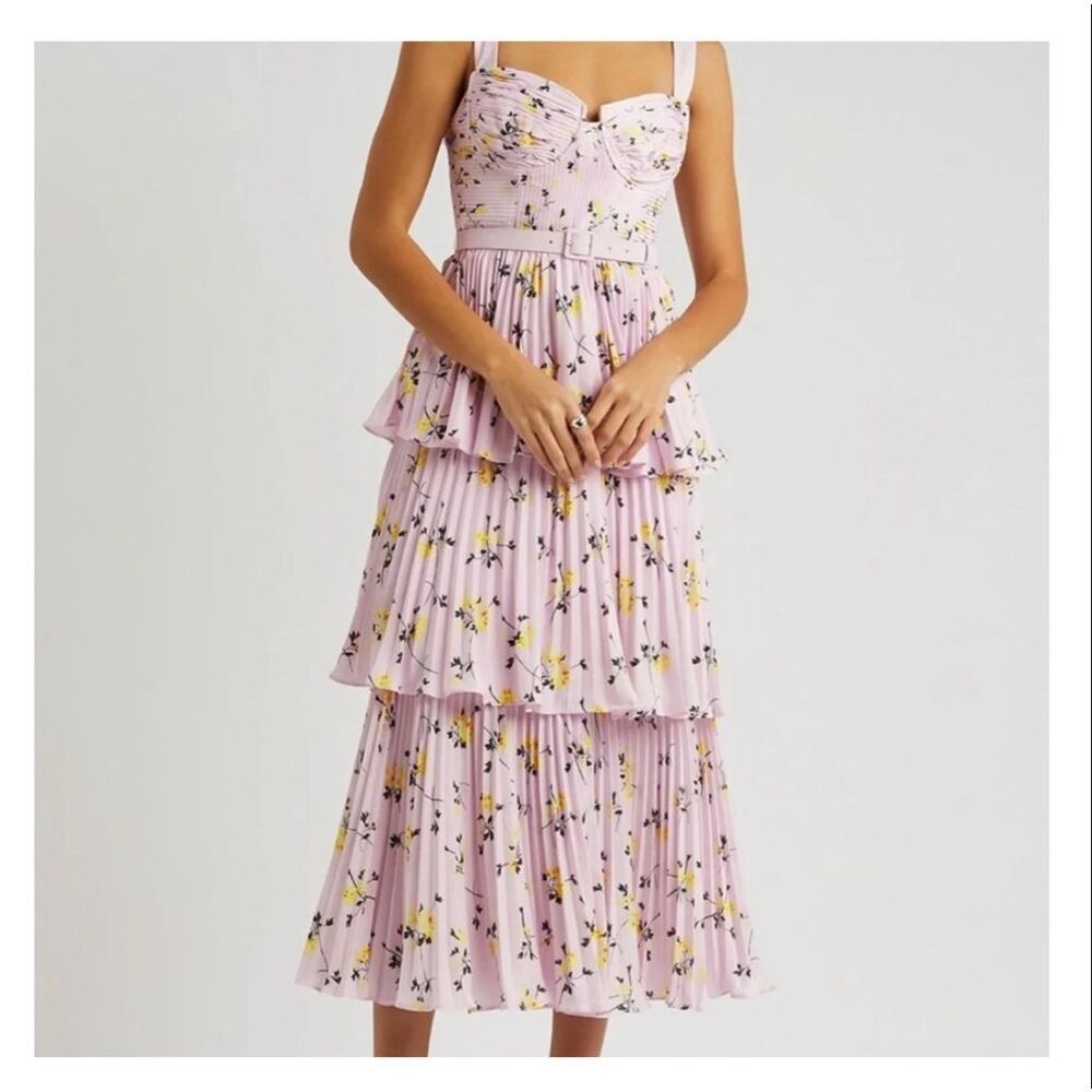 Self-Portrait Pink Floral Print Tiered Midi Dress Belted Women’s Size 6 Wedding